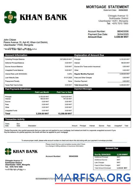 Printable Mongolia Khan Bank mortgage statement Word and PDF template